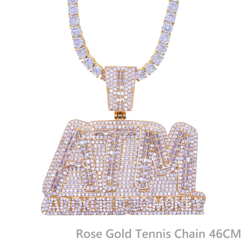 Iced Out Bling Letters ATM Addicted To Money Pendant Necklaces Gold Color AAA Zircon 5mm Tennis Chain Men's Hip Hop