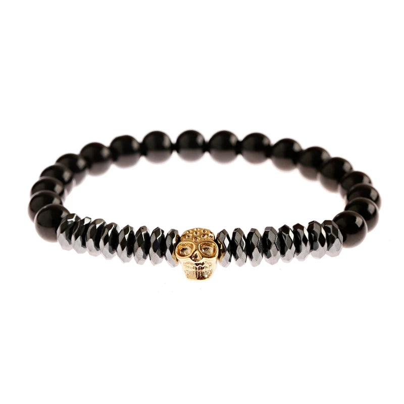 Luxury Men Stone Beads Skull Erkek Bileklik Bracelet Set Black CZ Crown Copper Bracelets For Women Pulseras Mujer