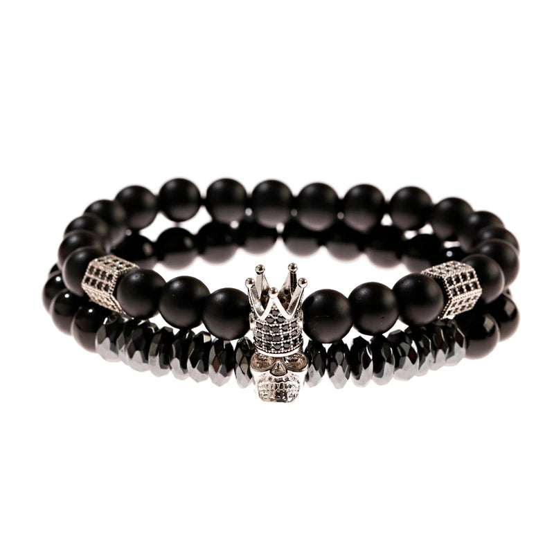 Luxury Men Stone Beads Skull Erkek Bileklik Bracelet Set Black CZ Crown Copper Bracelets For Women Pulseras Mujer