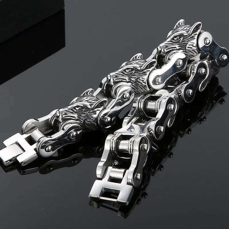 Rock and Roll Men's Bracelet Heavy And Study 20MM Bike Chain Wolf Head Bracelets For Man Massive Male Biker Jewelry