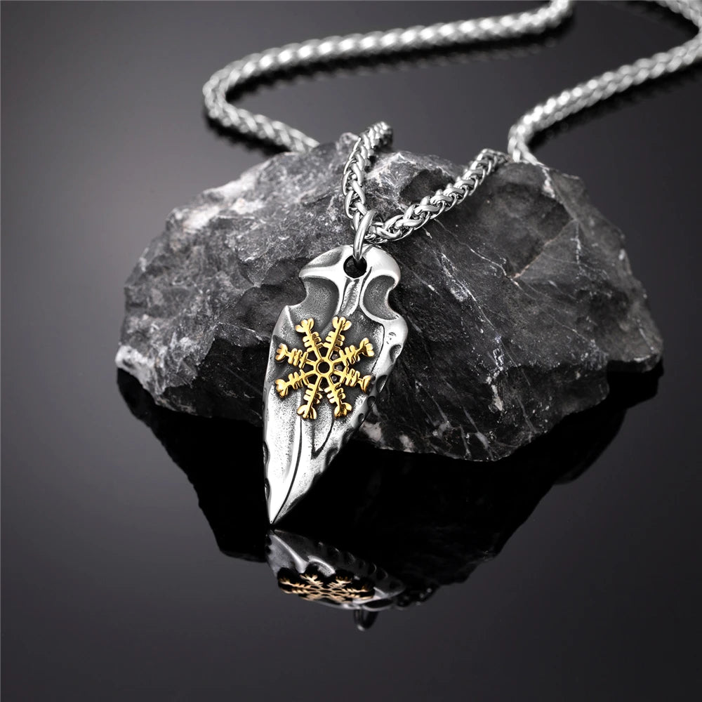 Viking Rune Shield Necklace Men Gold Color Antique Steel Norse Spear Trident Amulet Self-defense Pendant Never Fade