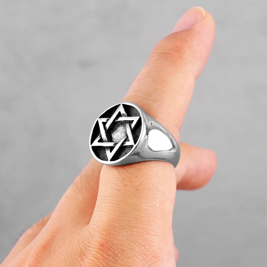 Judaism Hexagram Star of David Stainless Steel Mens Rings Religion for Male Boyfriend Biker Jewelry Creativity Gift