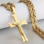 Stainless Steel Crucifix Jesus Byzantine Link Chain Necklace Fish Bone Pattern Cross Pendant Necklace Catholic Jewelry
