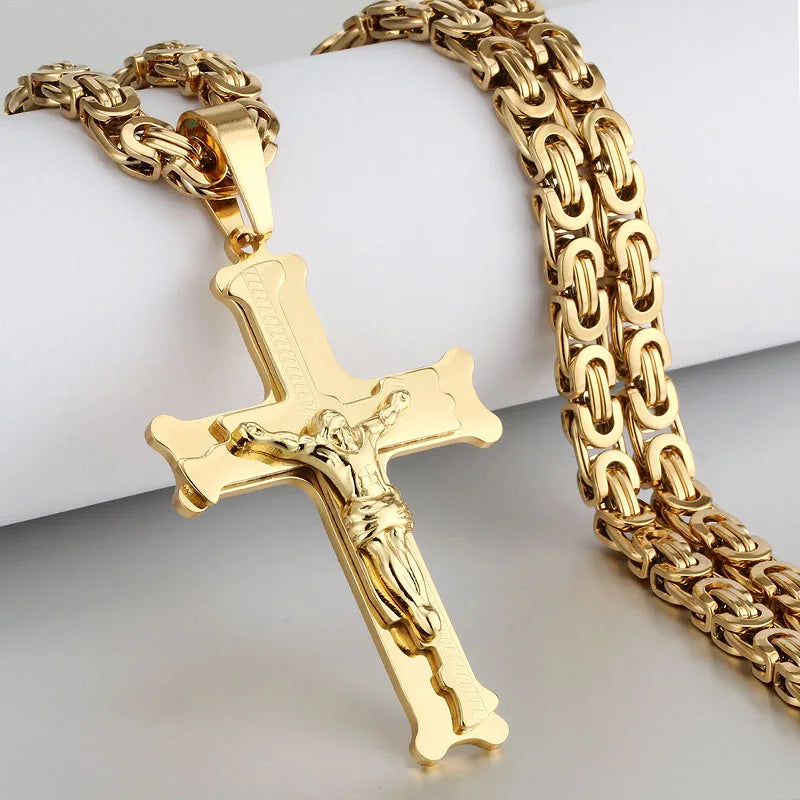 Stainless Steel Crucifix Jesus Byzantine Link Chain Necklace Fish Bone Pattern Cross Pendant Necklace Catholic Jewelry