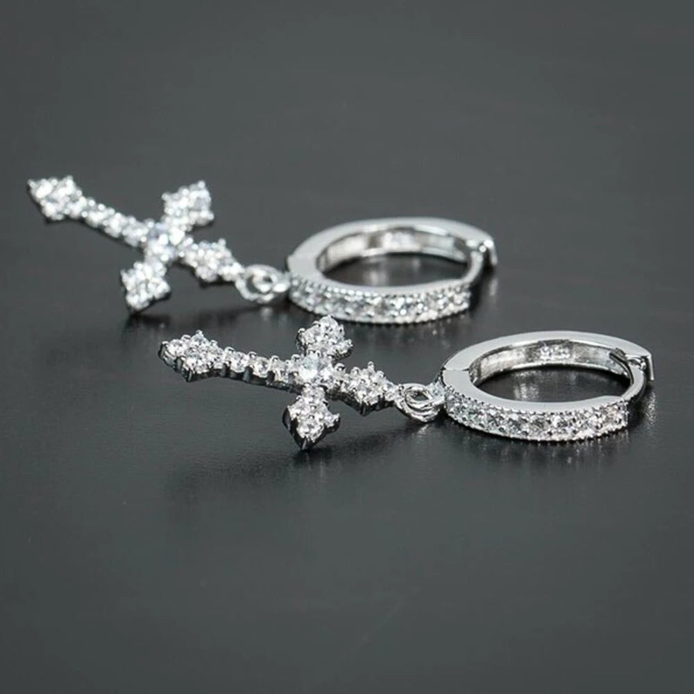 Iced Out Cross Drop Huggie Hoop Earrings with CZ Crystal