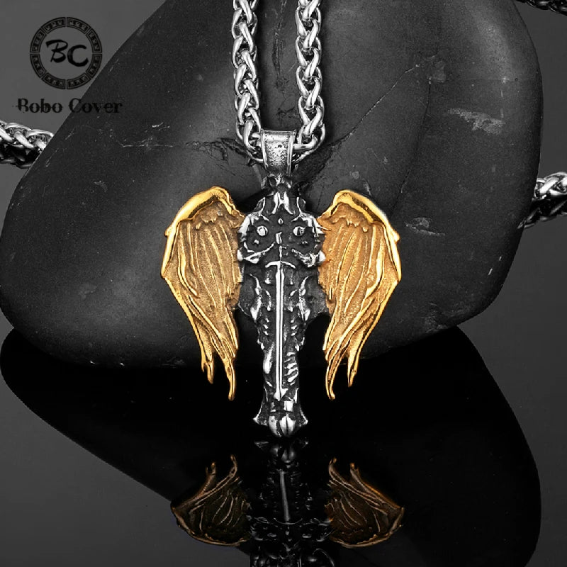 Mens Norse Knight Necklaces Titanium Steel Gold Color Archangel Wings Amulet Pendant Male Jewelry Never Fade Guardian Angel Gift