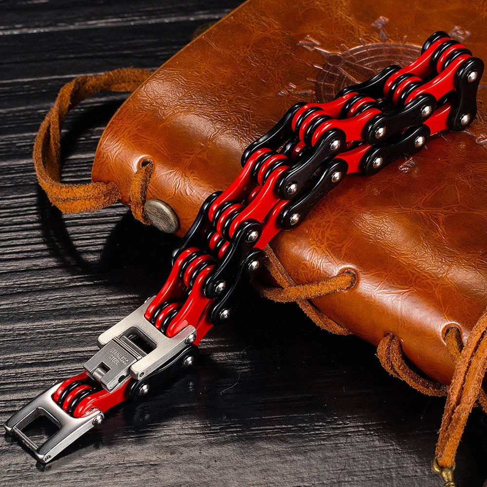 Rock And Roll Bicycle Chain Man Bracelet Red Stainless Steel Motorcycle Chain Men's Bracelets Jewelry