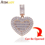 Iced Out Locket Love Heart Charm Pendant Can Be Opened DIY Photo Hip Hop 5A Cubic Zirconia CZ Tennis Chain Necklace Mens