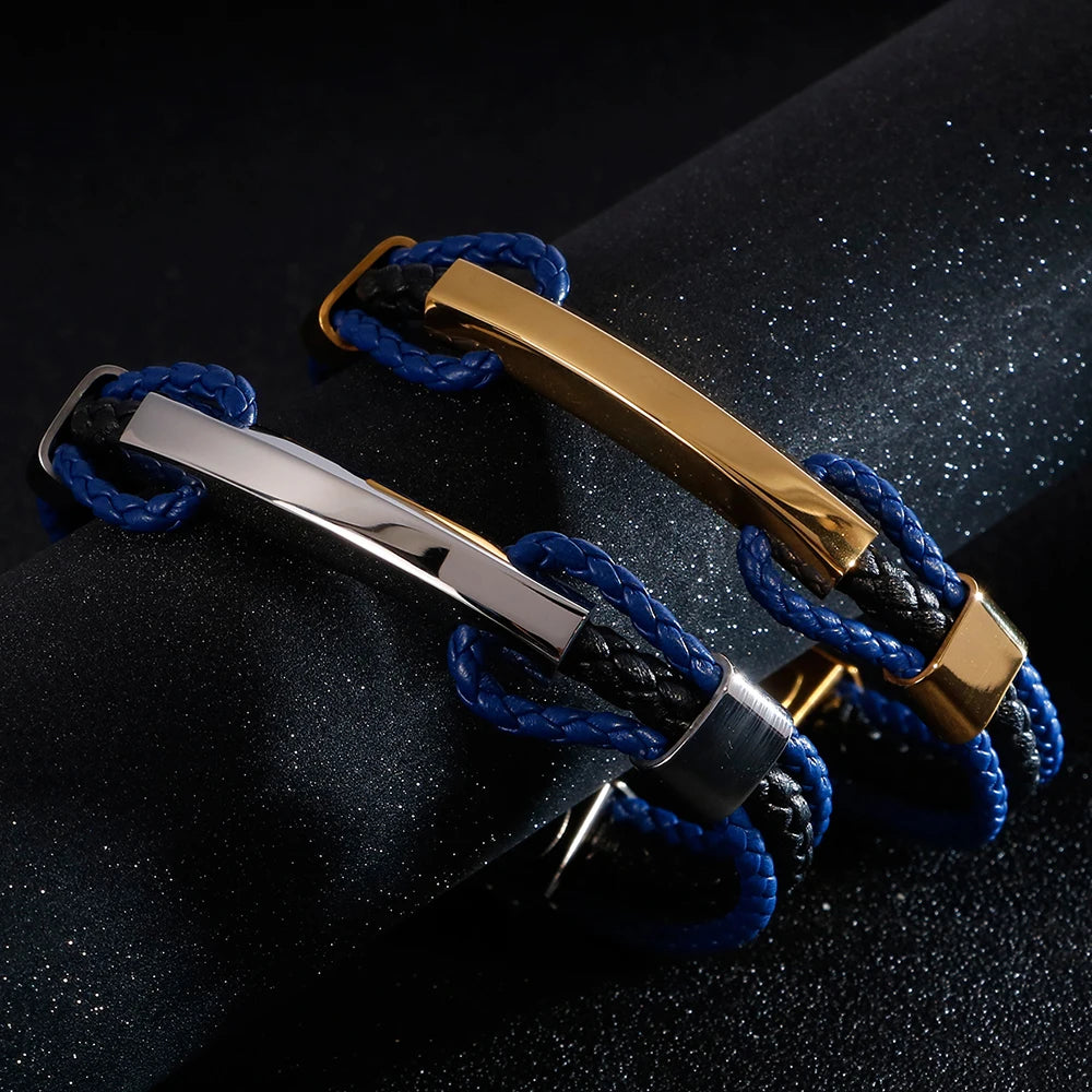 Luxury Braided Three-tier Layer Blue Leather Bracelet for Men Gold Color Stainless Steel Adjustable Mens Charm