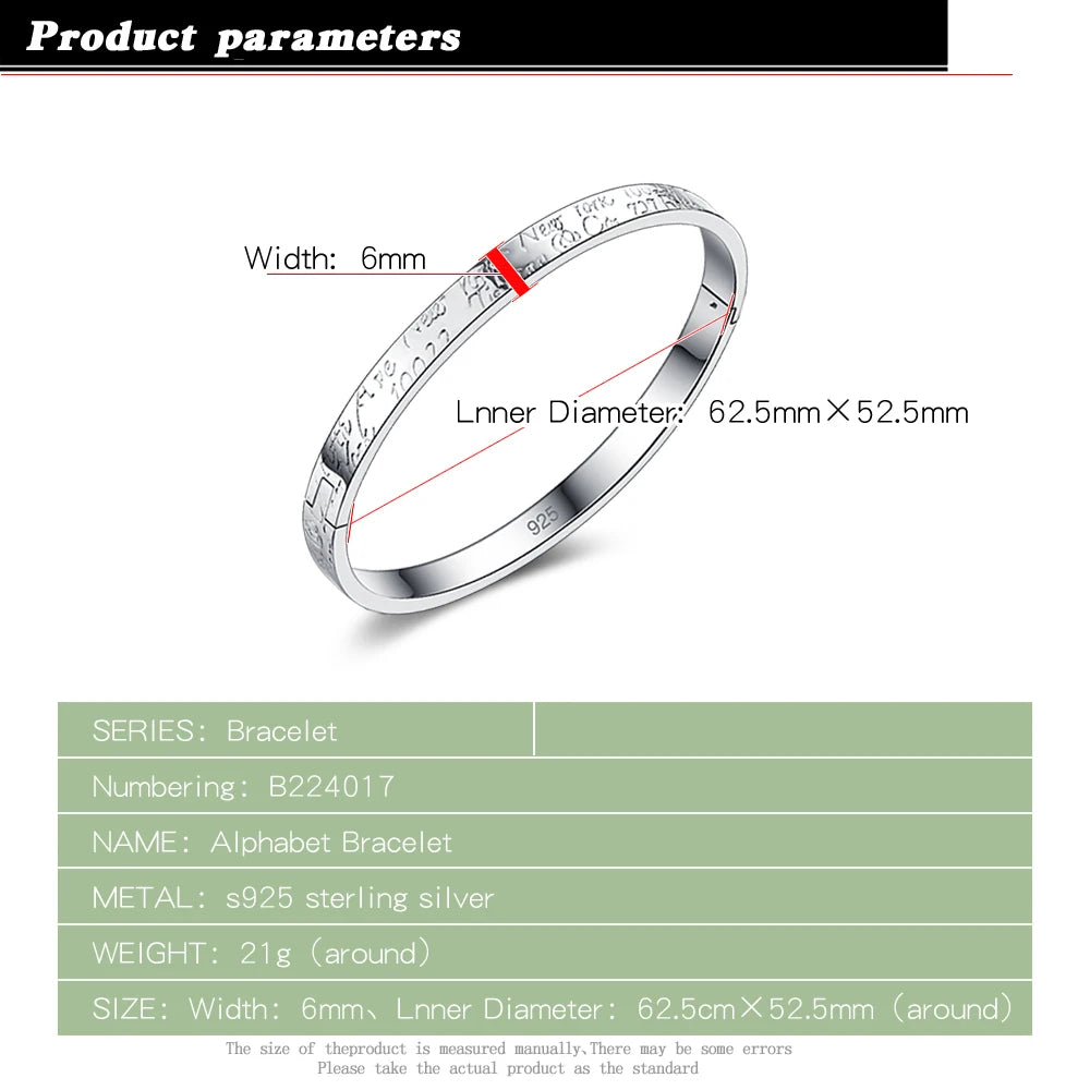 Blessing Inscription Letter Engraved Bracelet Bangle for Women Unisex Fine 925 Sterling Silver Clasp Fit Bracelet Jewelry Gift