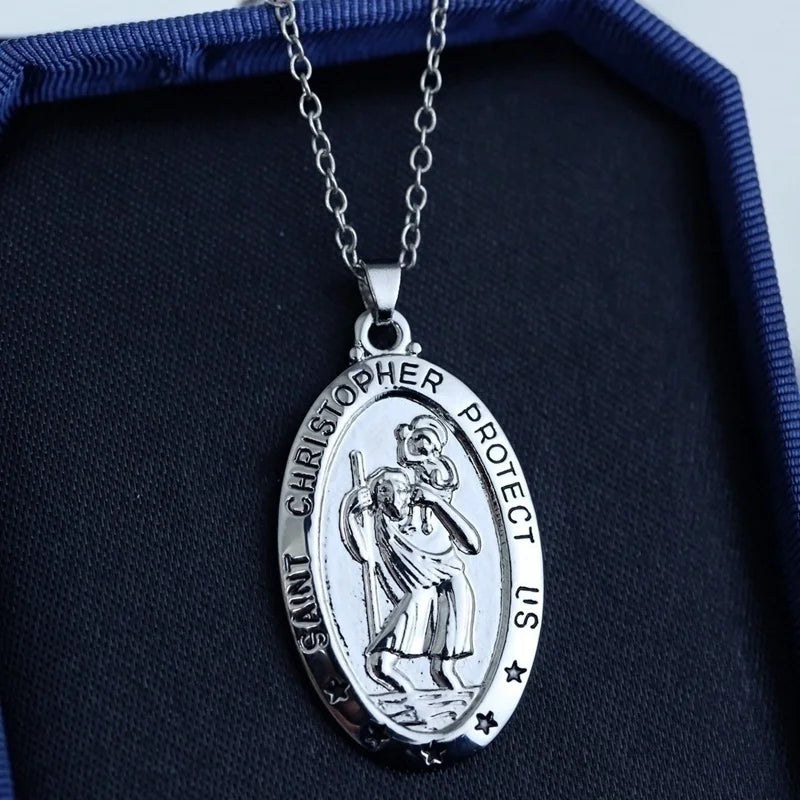 Trendy St. Christopher Pattern Oval Pendant Necklace Women's Necklace Fashion Clavicle Chain Pendant Accessories Party