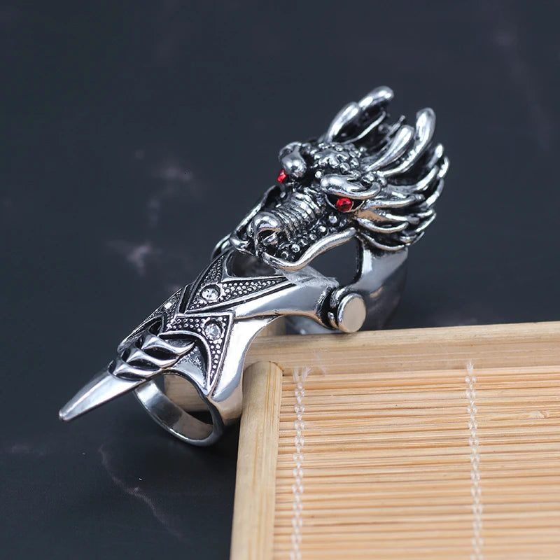 Punk Retro Dragon Ring Men New Male Knight Skull Ghost Knuckle Armour Metal Finger Rings Unisex Cool Party Jewelry Gifts 2023