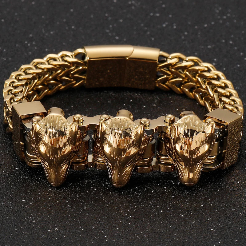 Gold Color Stainless Steel Chain Bracelet for Man Punk Gothic Skull Wristband With Magnetic Clasp Animal Head Homme