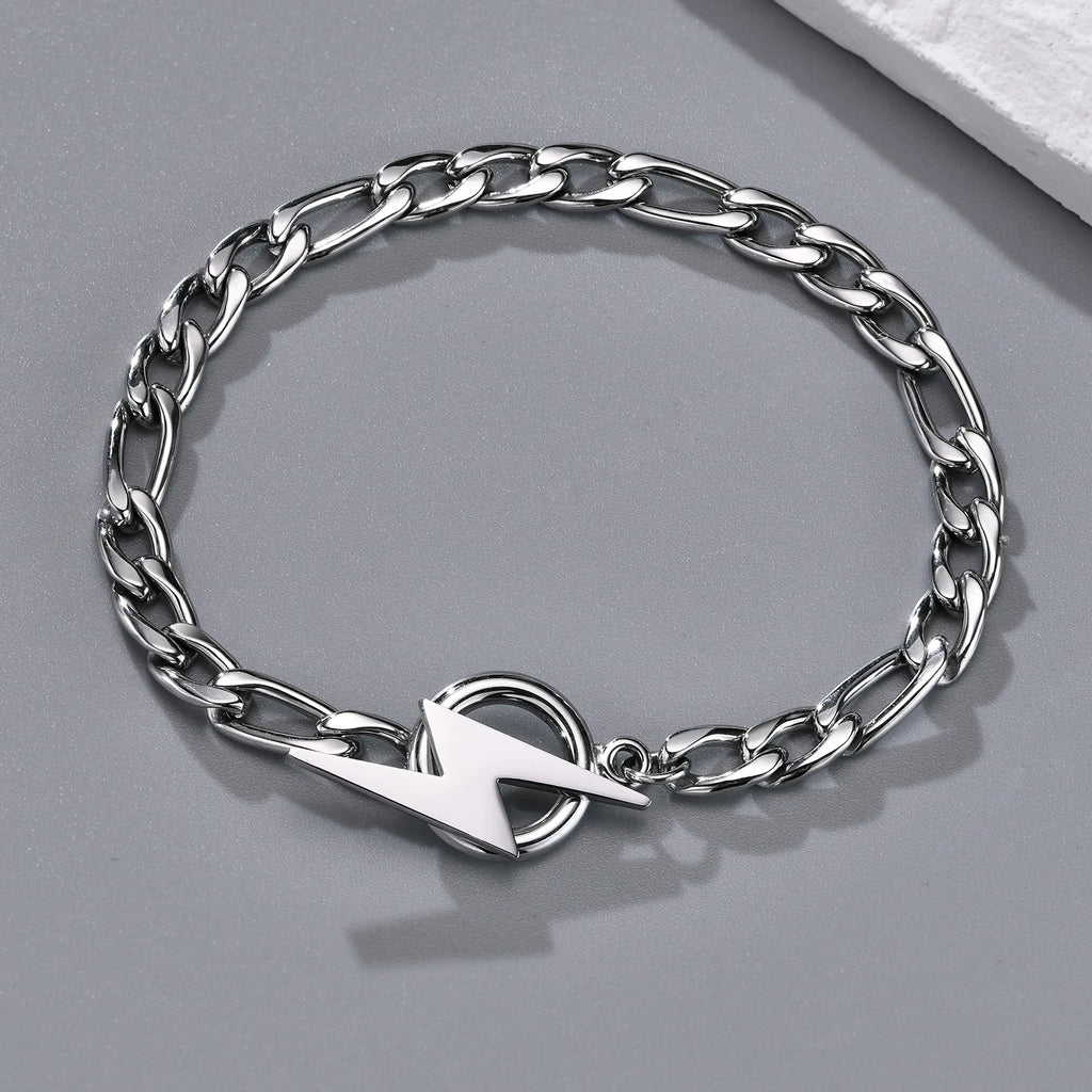 Stainless Steel Lightning Bolt Figaro Chain Bracelet for Men Jewelry