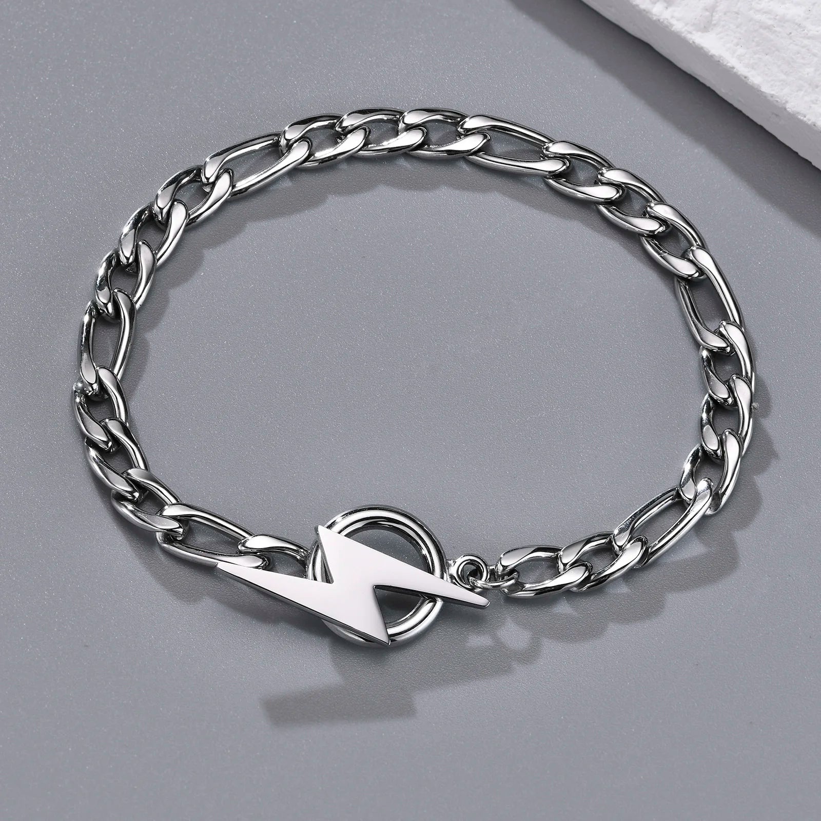 Stainless Steel Lightning Bolt Figaro Chain Bracelet for Men Jewelry