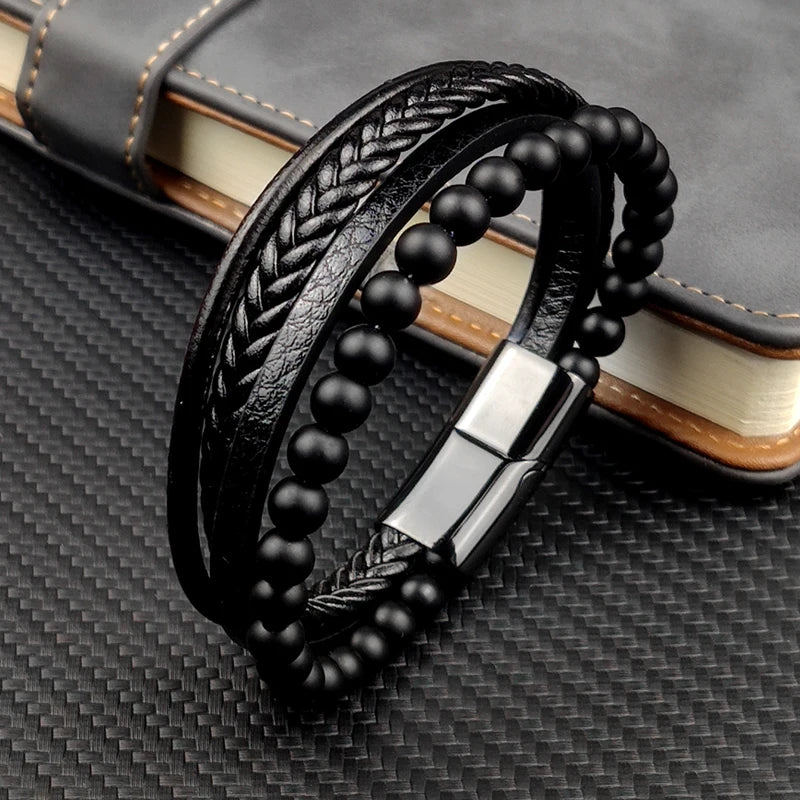 Charm Magnet Clasp Natural Stone Bead Bracelet — Stainless Steel