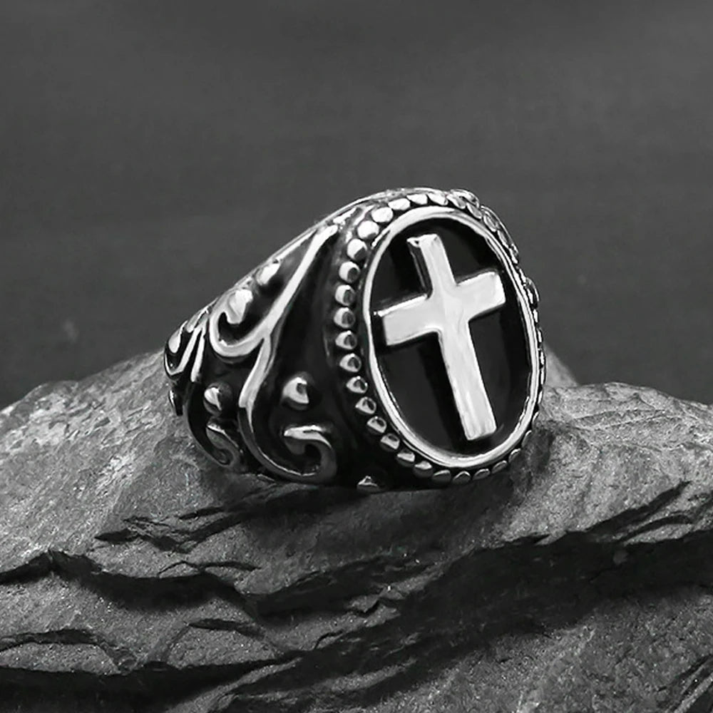 Vintage Christian Cross Jesus Ring — Stainless Steel