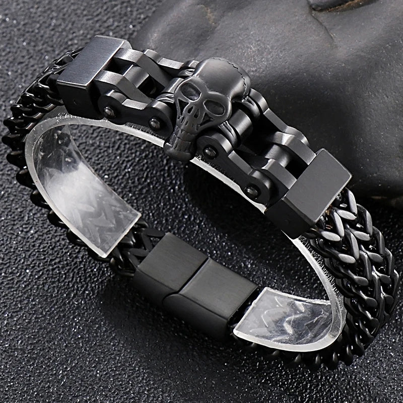 Gothic Stainless Steel Men's Bracelets With Skull Head Double Layer Franco Link Curb Chain Bracelet Man Jewelry With