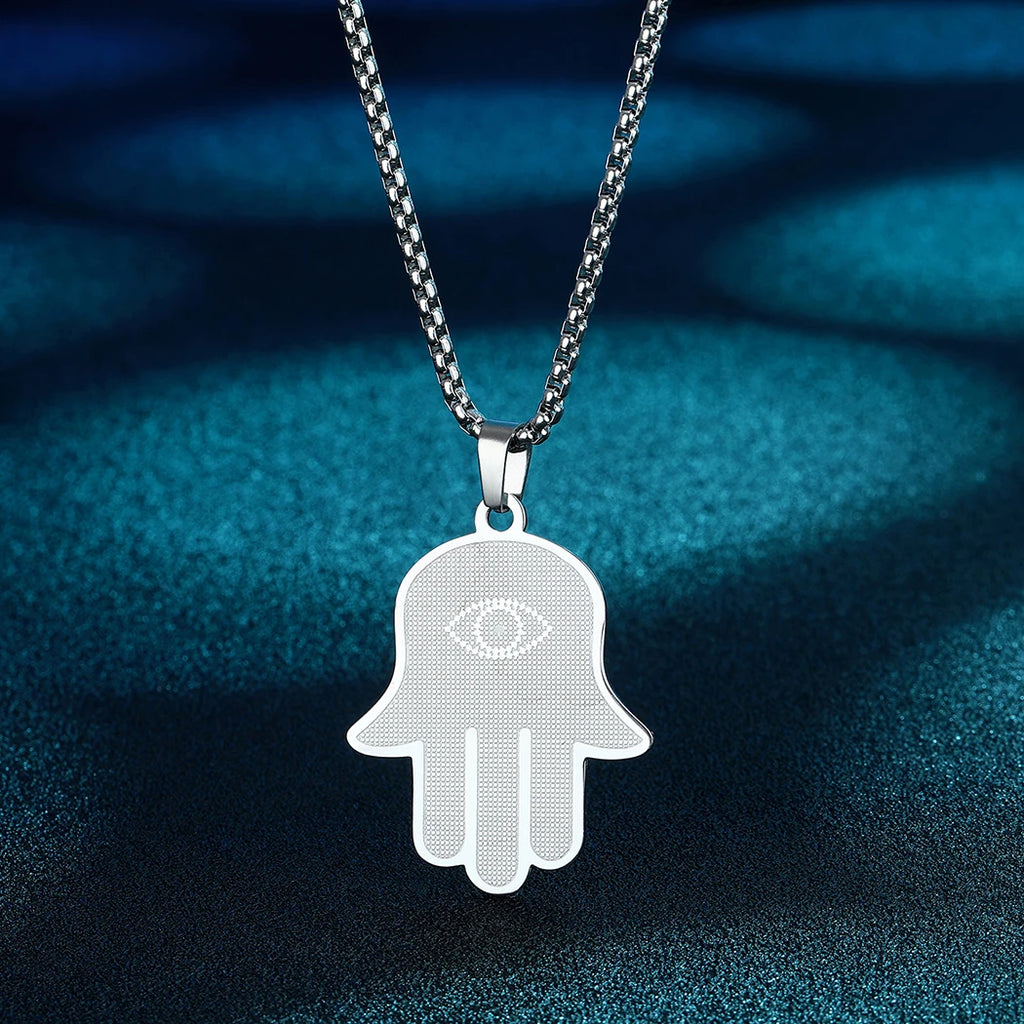Hamsa Evil Eye Pendant Necklace — Stainless