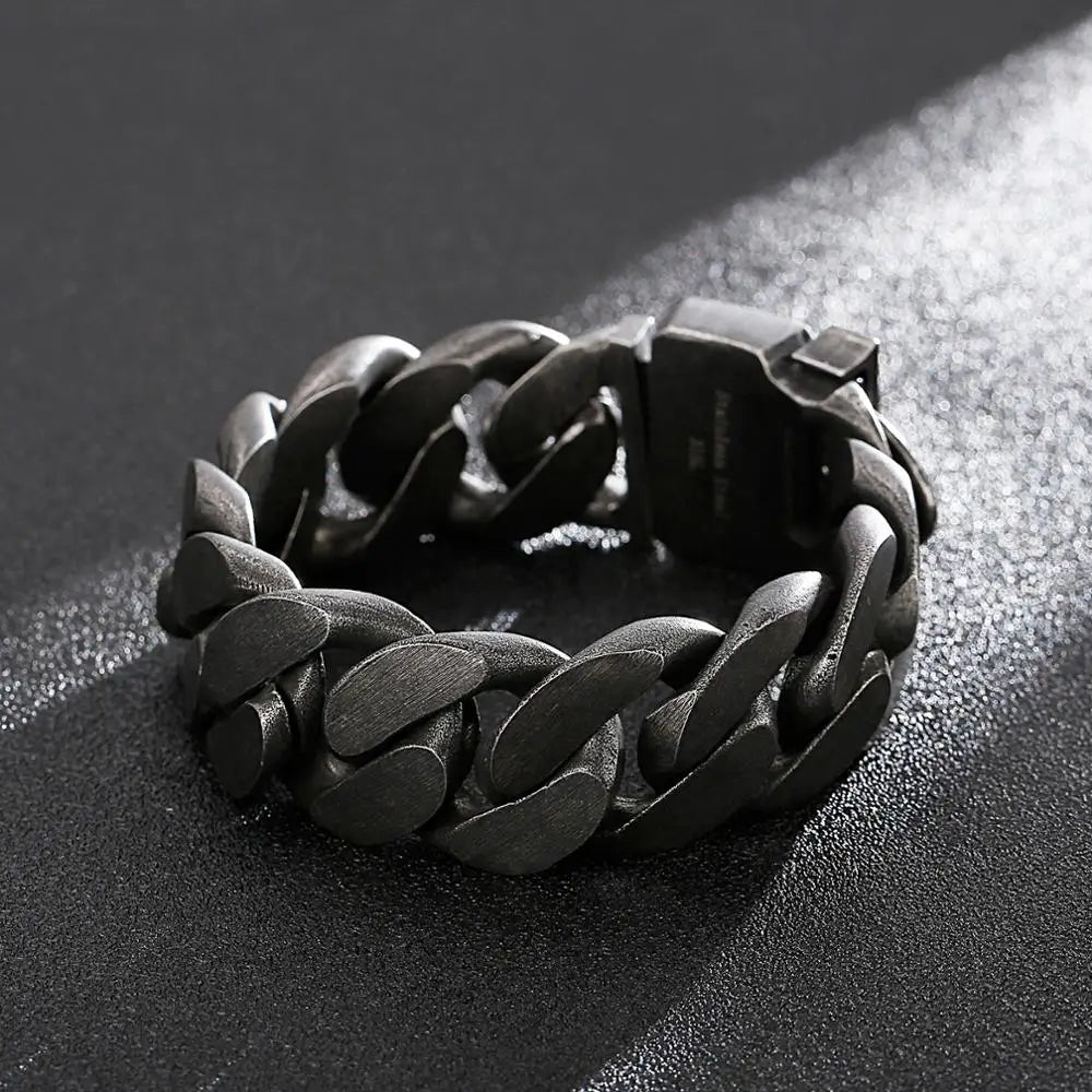 Fongten Heavy Black Metal Punk Wide Cuban Link Chain Men Bracelet Stainless Steel Fashion Biker Male Accessories