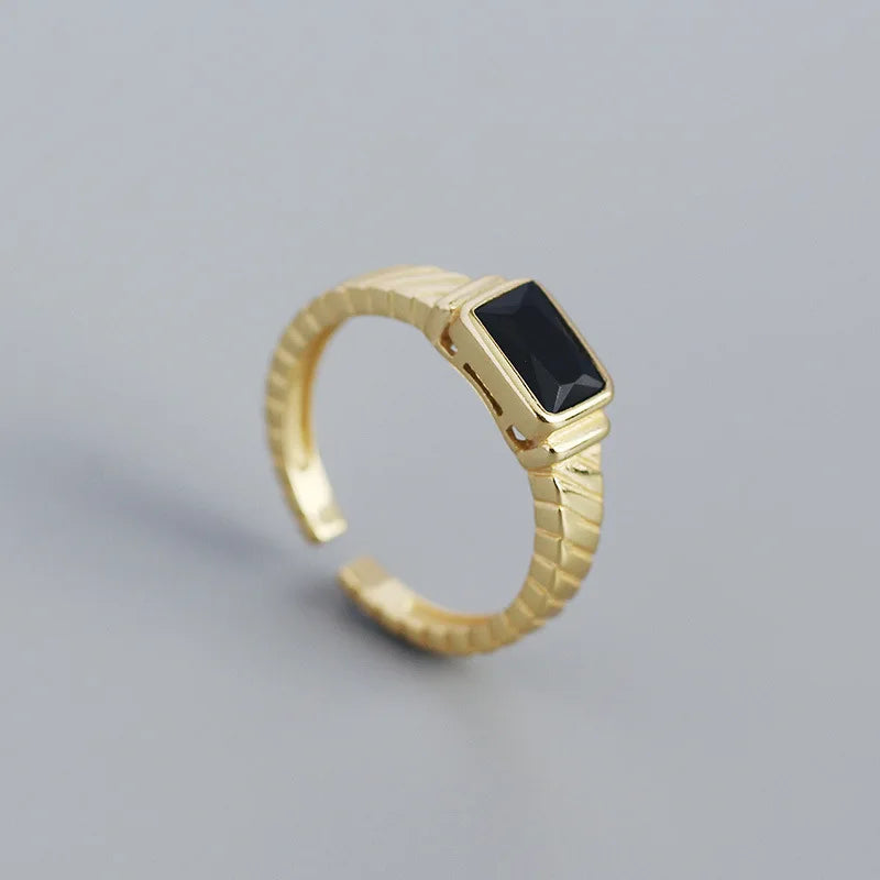 WANTME Silver Men Ring Punk Black Square 925 Sterling Silver Gothic Adjustable Rings for Women Simple Fine Hip Hop
