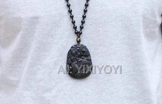 Beautiful Chinese Handwork Natural Black Obsidian Carved Coin Toad PiXiu Blessing Lucky Amulet Pendant + Beads Necklace