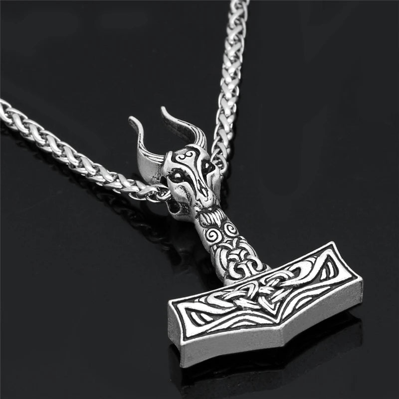 Viking Thor Hammer Ram Head Pendant Necklace — Silver-Tone