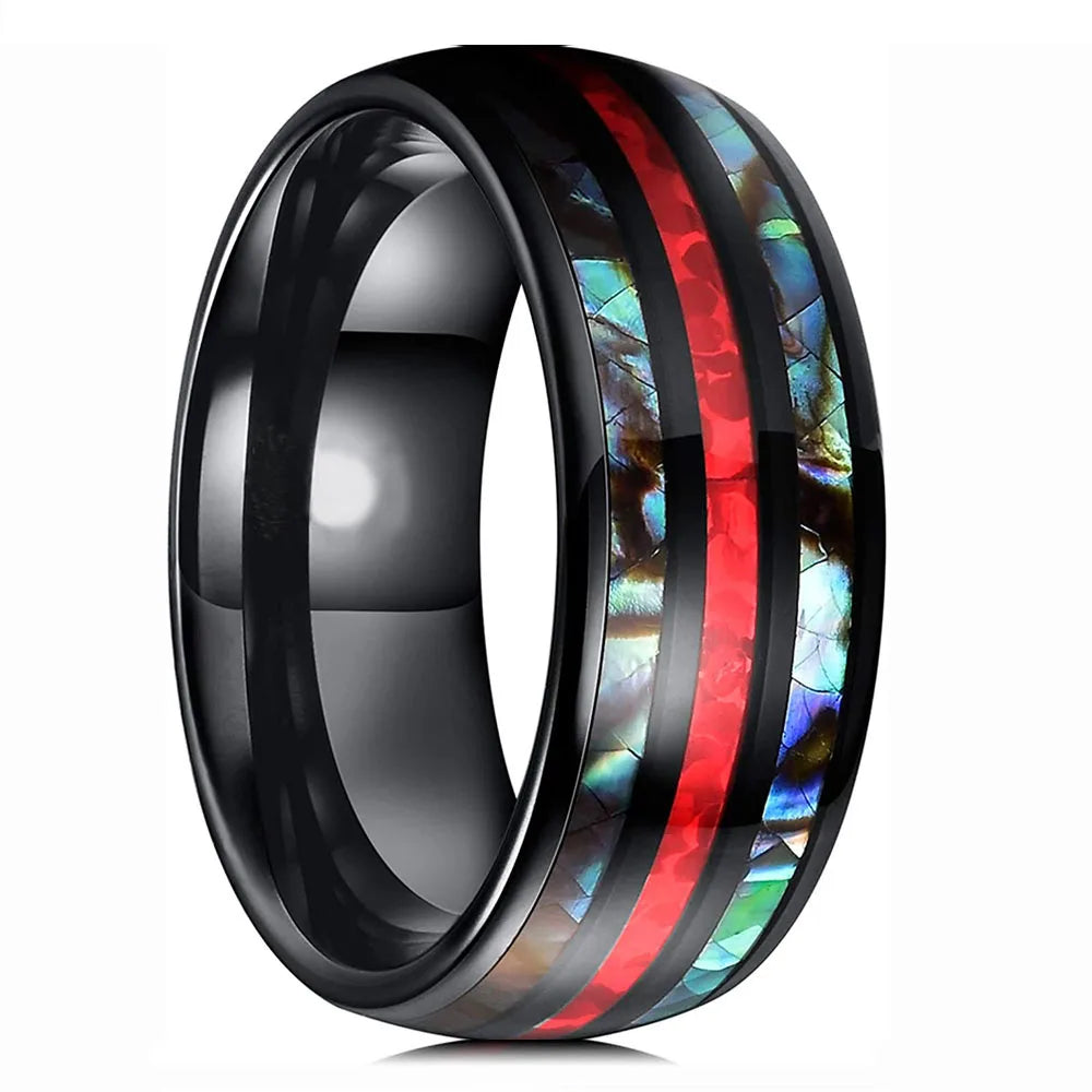 Fashion 8mm Silver Color Men Stainless Steel Ring Inlay Colorful Abalone Shell Rings For Men Women Wedding Band Jewelry Gifts