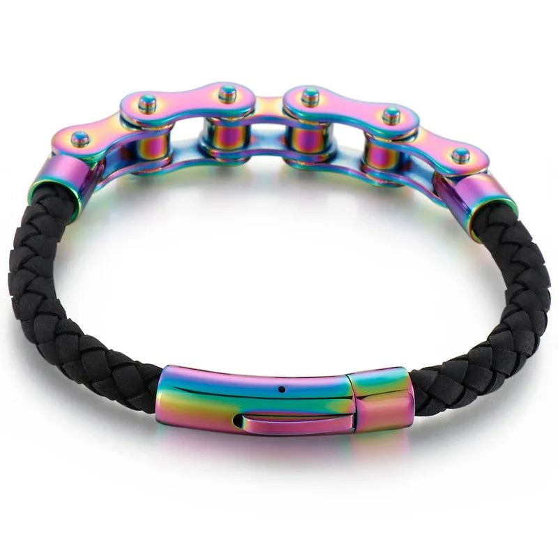Men's Bike Motorcycle Link Chain Bracelet Man Braided Leather Cuff Bracelets Black Cowhide Weave Rider Armband Male