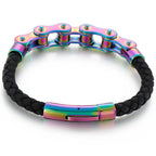 Men's Bike Motorcycle Link Chain Bracelet Man Braided Leather Cuff Bracelets Black Cowhide Weave Rider Armband Male