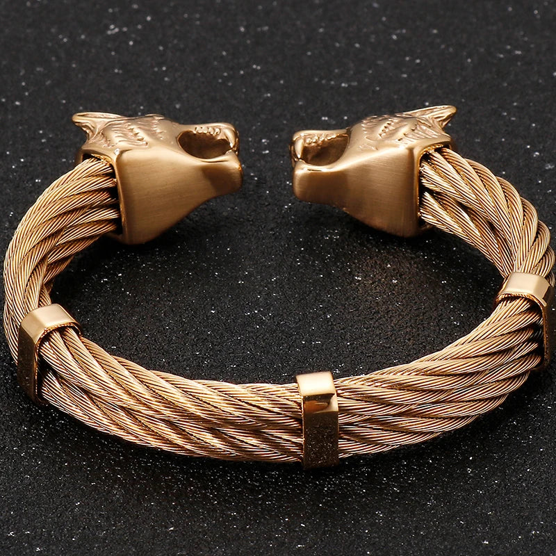 Gothic Gold Color Stainless Steel Wolf Lion Head Open Bangle Cuff Bracelet For Man Men's Boys On Hand Jewellery