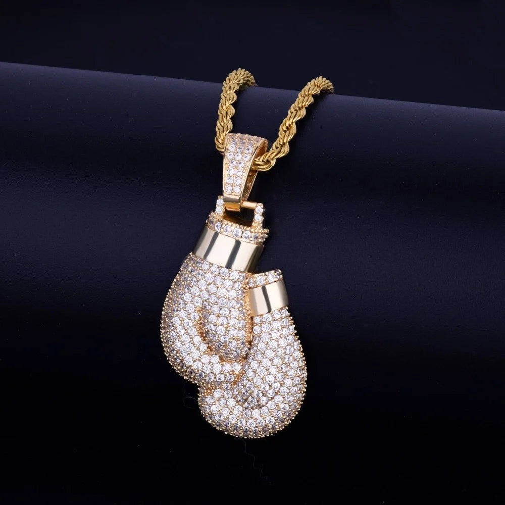Hip Hop Crystal Boxing Gloves Portrait Necklace Pendant Charm Bling Iced Cubic Zircon Necklace Cool Men's Rock Biker Jewelry
