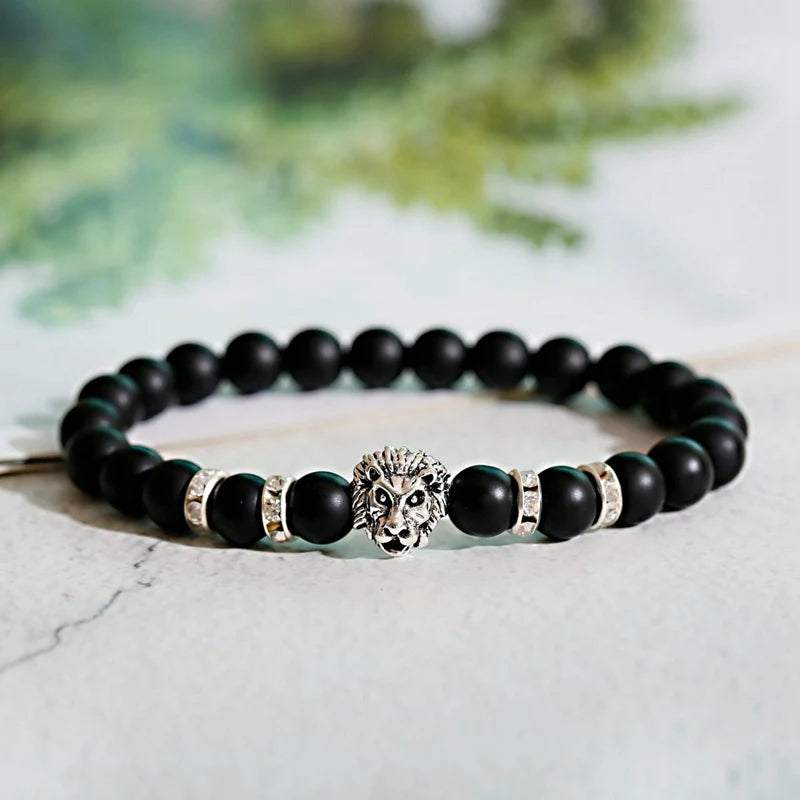 Classic Lion Head Beaded Bracelet — Black Matte & Color Beads