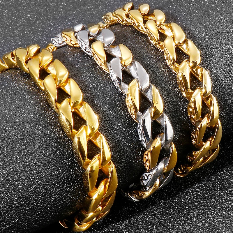 Luxury Gold Color Stainless Steel Bracelet for Man 12MM Wide On Hand Chain Homme Armband Men's Wristband Boyfriend
