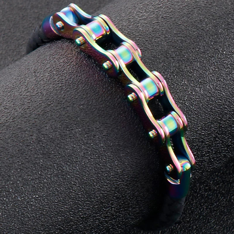 Men's Bike Motorcycle Link Chain Bracelet Man Braided Leather Cuff Bracelets Black Cowhide Weave Rider Armband Male