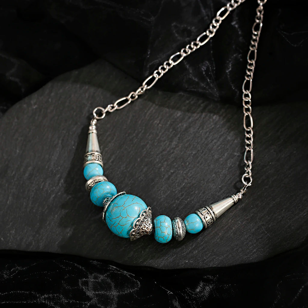 Womens Gypsy Jewelry Bohemian Ethnic Red Natural Stone Pendants Necklaces Metal Tibetan Sliver Color Chain Necklace For