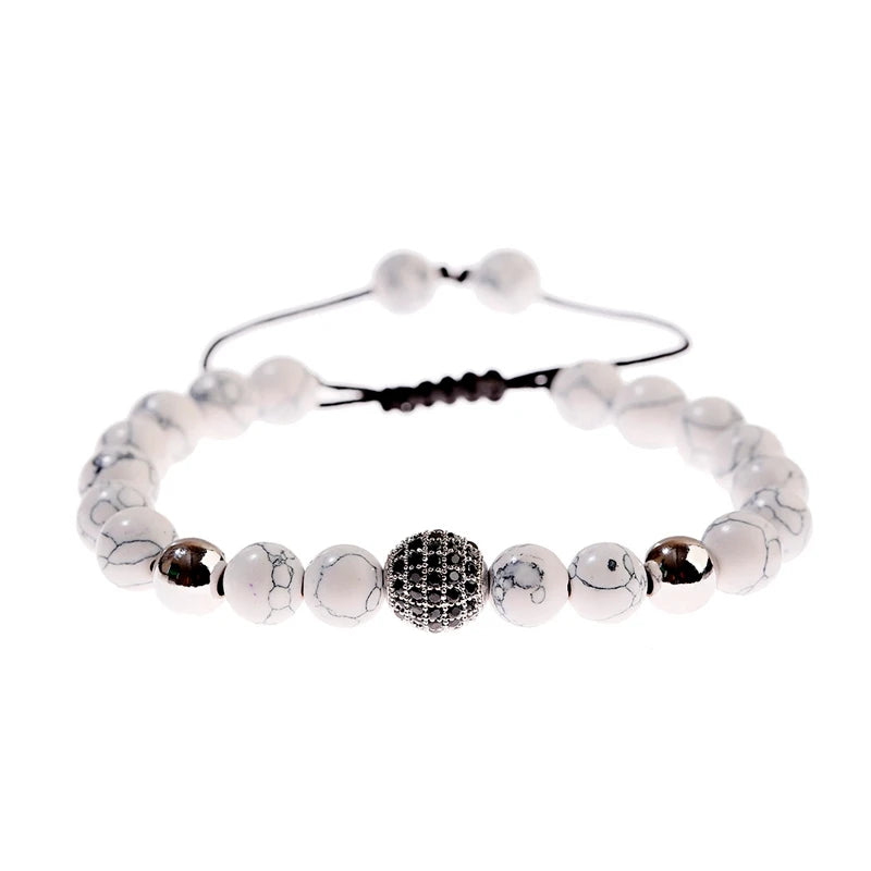 Black CZ Pave Ball Beaded Bracelet for Men — Adjustable Weave