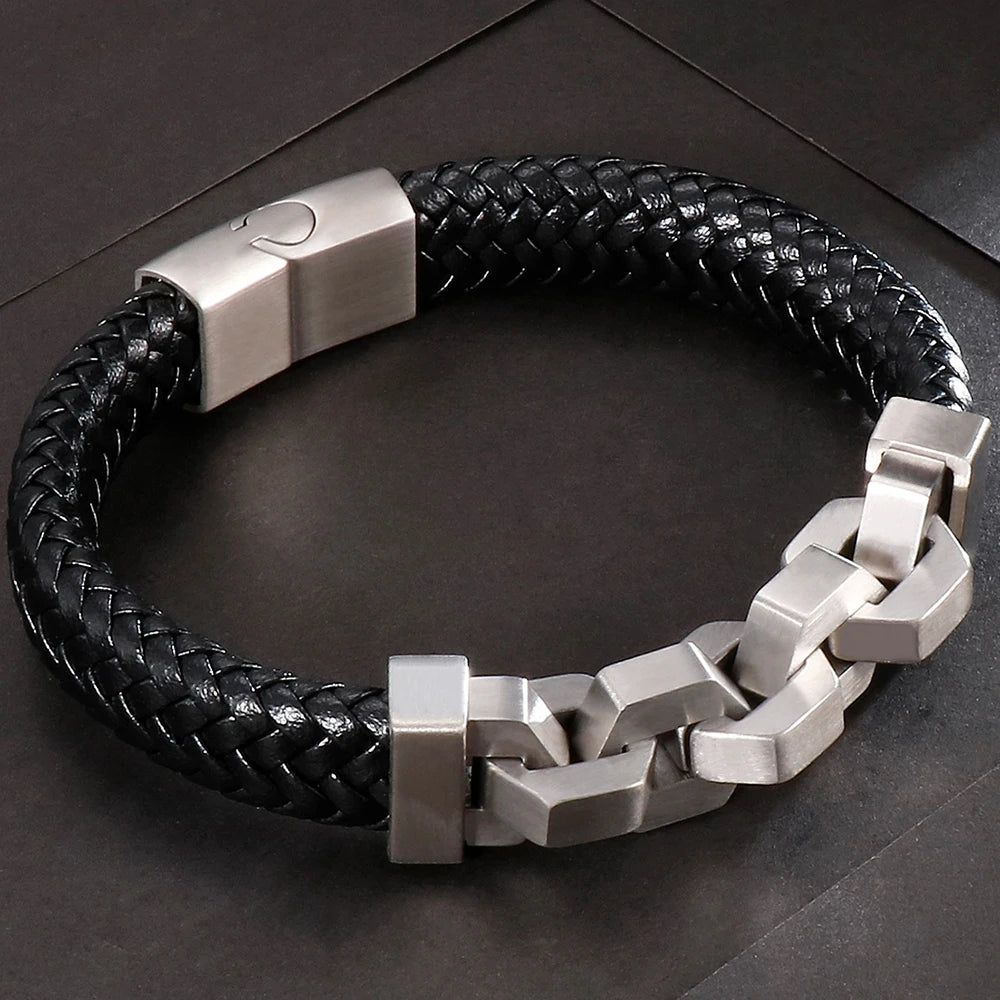 Friendship Man Bracelets Stainless Steel Braided Genuine Leather Wristband Boys Cuff Bracelet Men Jewellery Gifts For