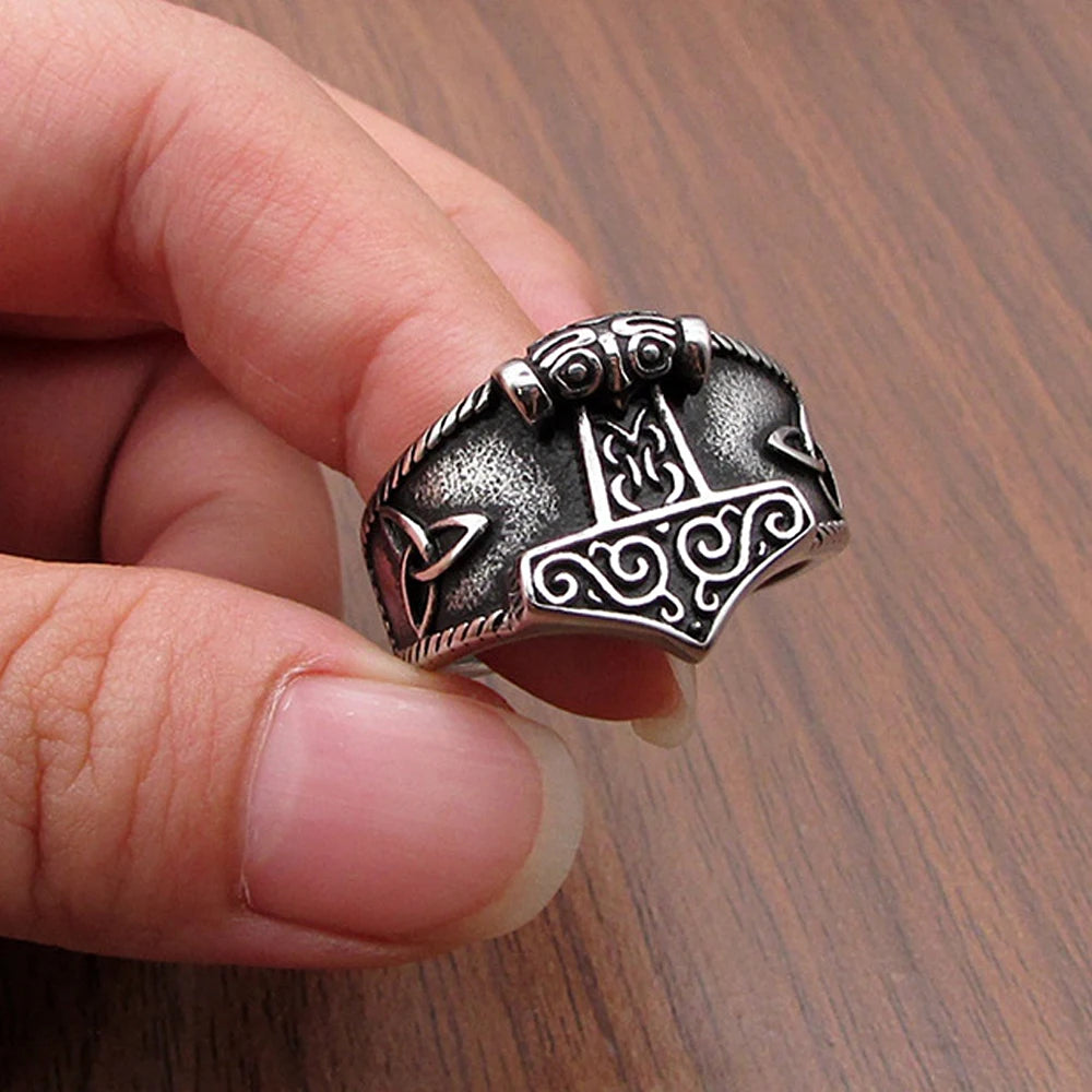 Vintage Viking Mjolnir Thor's Hammer Ring Men Nordic 316L Stainless Steel Odin Celtics Knot Amulet Ring Jewelry Gift