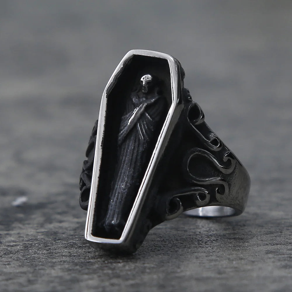 Unique Zombie Vampire Skull Biker Men's Ring Black Stainless Steel Punk Coffin Rings For Men Gothic Ring Wholesale Jewelry Gift