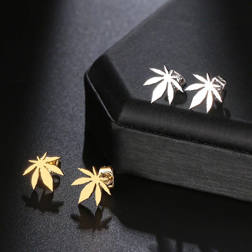 Maple Leaf Amulet Stud Earrings Silver Gold — Stainless Steel
