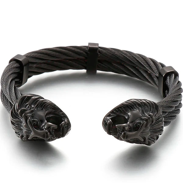 Gothic Gold Color Stainless Steel Wolf Lion Head Open Bangle Cuff Bracelet For Man Men's Boys On Hand Jewellery