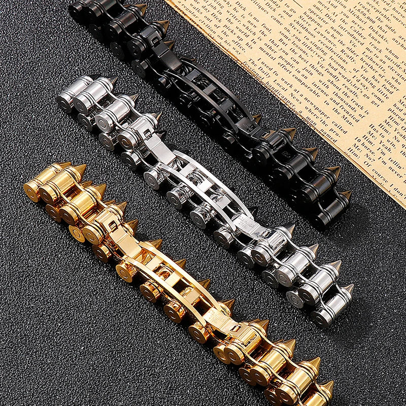 Masculine Bike Cycling Chain Man Bracelets of Heavy Sturdy Stainless Steel Black Gold Color Bullet Style Bracelet for