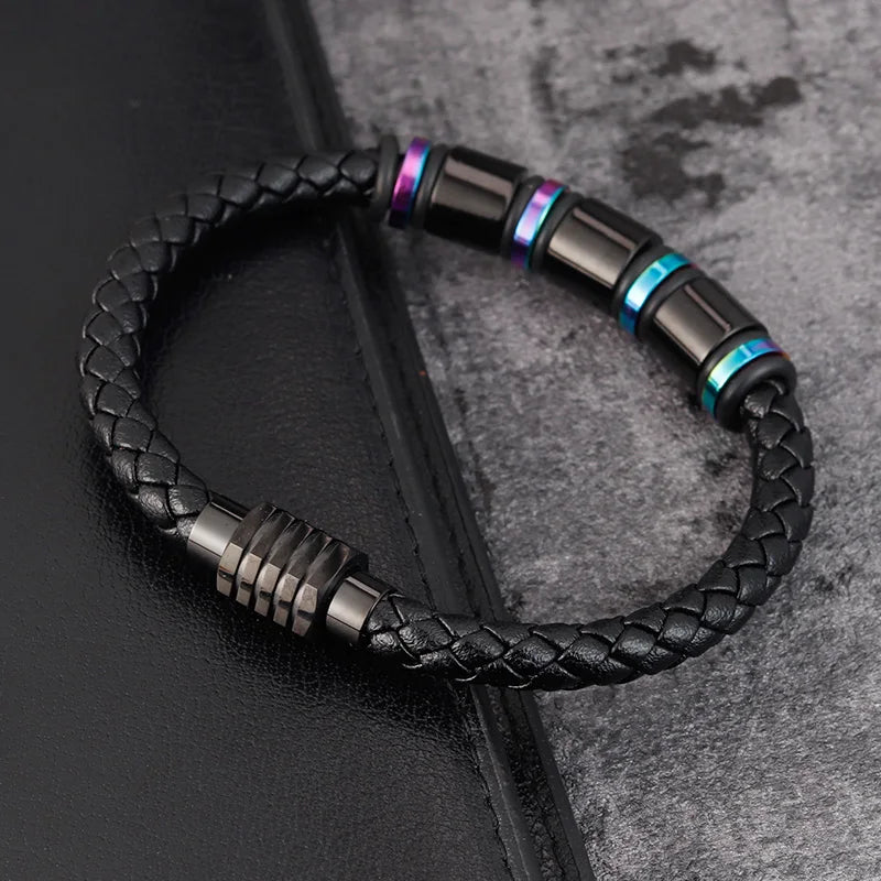 Punk Threaded Button Metal Weaving Bracelet for Men Women Stainless Steel Twining Classic Style Charm Black High Quality