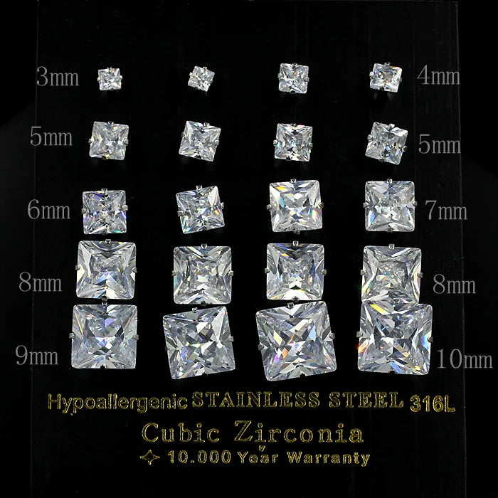 LUXUKISSKIDS Brilliant Square Stud Earrings 10pairs/Lot Novel Clearly Large 3A Cubic Zirconia Stainless Steel Wholesale