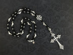 Trad Goth Pentagram Cross Rosary Beads Necklace — Silver-Tone