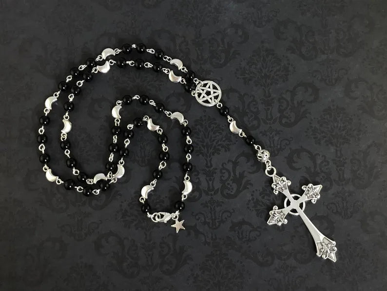 Trad Goth Pentagram Cross Rosary Beads Necklace — Silver-Tone