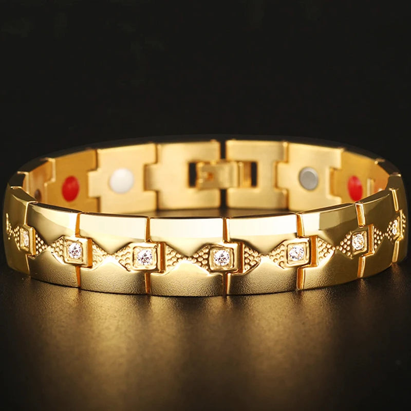 Gold Color Stainless Steel 4 In 1 Magnetic Therapy Bracelet for Man Arthritis Pain Relief and Carpal Tunnel Men's Boys