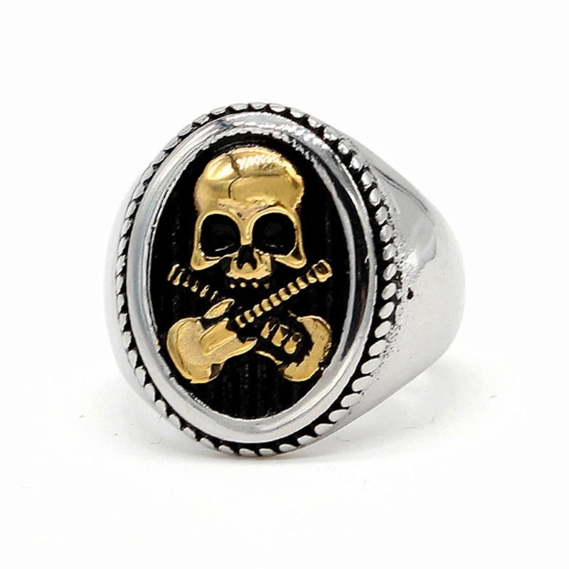Cool Guitar Skull Ring Gold/Silver Color Stainless Steel Biker Skull Ring Men Punk Rock Signet Ring Jewelry Party Best Gift