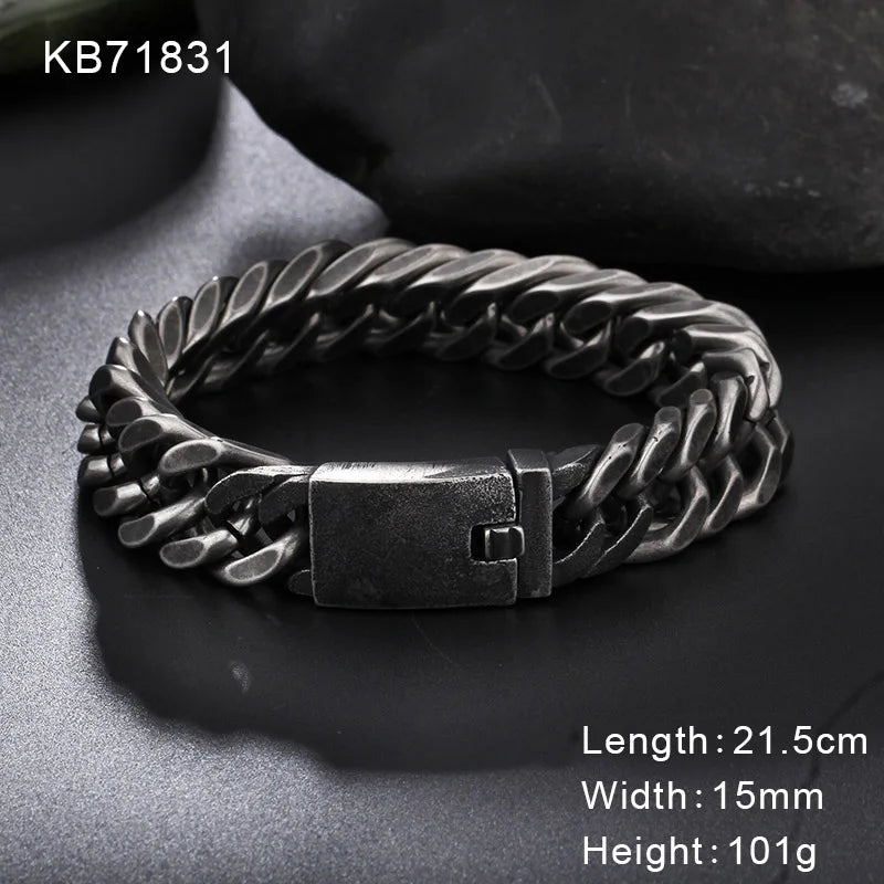 Fongten Retro Black Bracelet For Men Cuban Chain Stainless Steel Heavy Wide Curb Bracelets Bangle Male Jewelry